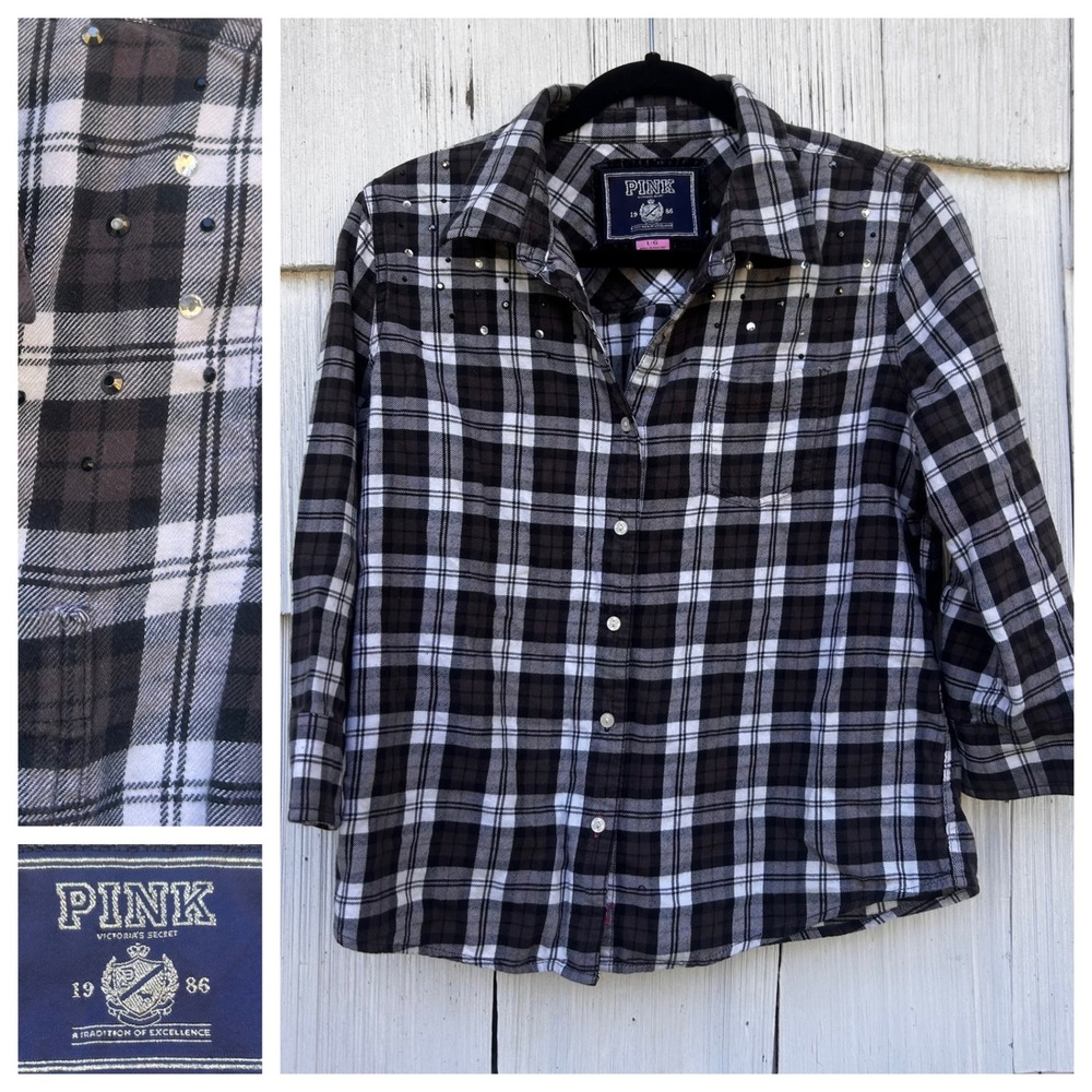 Pink Victorias Secret Y2K Plaid Flannel Shirt Studded Rhinestone Womens‎ L